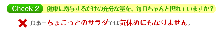 健康に寄与するだけの充分な量を、毎日ちゃんと摂れていますか? ・・・食事+ちょこっとのサラダでは気休めにもなりません。