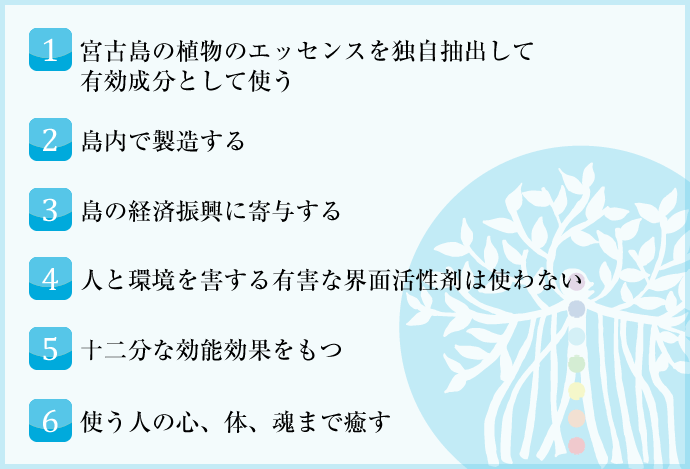 1.宮古島の植物のエッセンスを独自抽出して有効成分として使う　2.島内で製造する　3.島の経済振興に寄与する　4.人と環境を害する有害な界面活性剤は使わない　5.十二分な効能効果をもつ　6.使う人の心、体、魂まで癒す