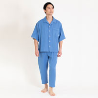 Liflance（リフランス）綿麻ワッフルガーゼ半袖パジャマ メンズ（6分袖／8分丈）ブルー／M