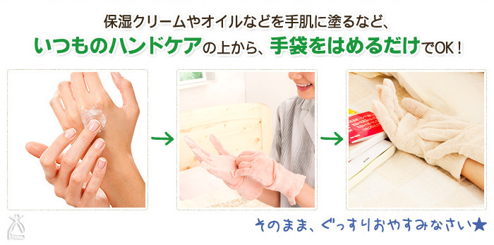 保湿クリームやオイルなどを手肌に塗るなど、いつものハンドケアの上から、手袋をはめるだけでOK！