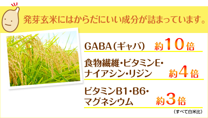 からだにいい成分が詰まっています。GABA（ギャバ）　約10倍、食物繊維・ビタミンE・ナイアシン・リジン　約4倍、ビタミンB１・B6・マグネシウム　約3倍