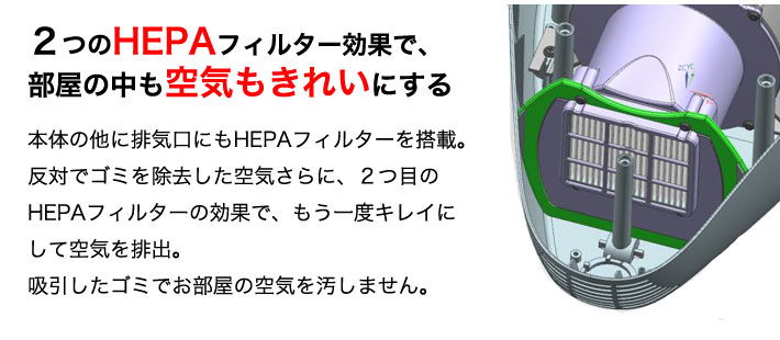 2つのHEPAフィルター効果で、部屋の中も空気もきれいにする。本体の他に排気口にもHEPAフィルターを搭載。吸引したゴミでお部屋の空気を汚しません。