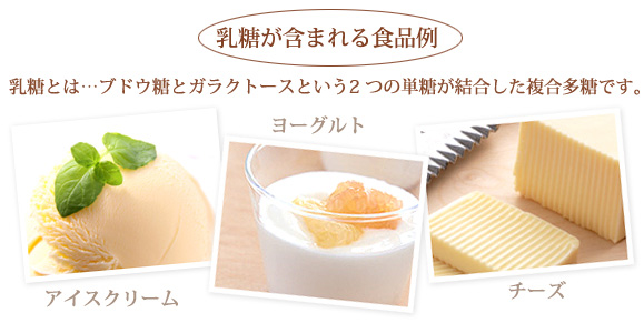 乳糖が含まれる食品例 乳糖とは・・・ブドウ糖とガラクトースという2つの単糖が結合した複合多糖です。