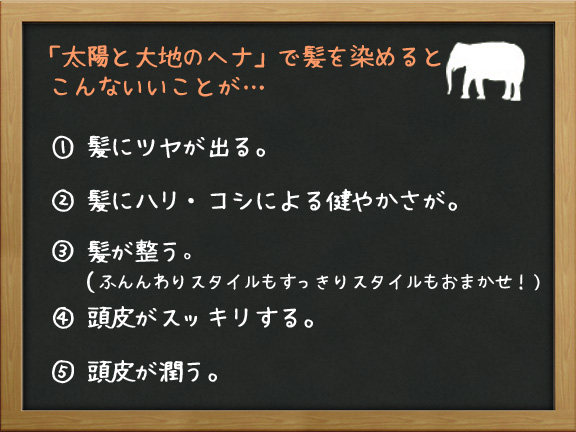 「太陽と大地のヘナ」で髪を染めるとこんないいことが...　①髪にツヤが出る。②髪にハリ・コシによる健やかさが。③髪が整う。（ふんわりスタイルもすっきりスタイルもおまかせ！）④頭皮がスッキリする。⑤頭皮が潤う。