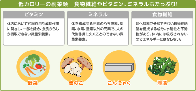 低カロリーの副菜類　食物繊維やビタミン、ミネラルもたっぷり！