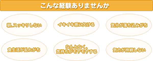 こんな経験はありませんか　・朝、スッキリしない　・イキイキ感に欠ける　・気分が落ち込みがち　・食生活が乱れがち　・なんとなく、気持ちがモヤモヤする　・気力が持続しない