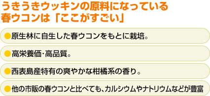 うきうきウッキンの原料になっている春ウコンは「ここがすごい」　●原生林に自生した春ウコンをもとに栽培。●高栄養価・高品質。●西表島産特有の爽やかな柑橘系の香り。●他の市販の春ウコンと比べても、カルシウムやナトリウムなどが豊富