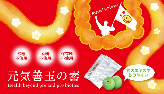 砂糖不使用　香料不使用　保存料不使用　元気善玉の素　Health beyond pre and pro biotics 梅のエキスで飲みやすい　Revolution!