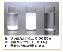 左：リン酸カルシウム 0.0025g　中：炭酸カルシウム 0.0014g　右：元気☆がまんの素® 9.6g
