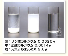 左:リン酸カルシウム 0.0025g 中:炭酸カルシウム 0.0014g 右:元気☆がまんの素® 9.6g