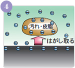 （-）同士で反発しあう力と肌と汚れの間にじんわり浸透していく力によって、汚れは肌からはがれていきます。