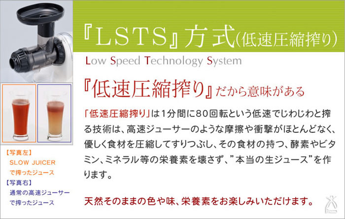 特許・新技術「LSTS」方式（低速圧縮搾り）。「低速圧縮搾り」は1分間に80回転という低速でじわじわと搾る技術は、高速ジューサーのような摩擦や衝撃がほとんどなく、優しく食材を圧縮してすりつぶし、その食材の持つ、酵素やビタミン、ミネラル等の栄養素を壊さず“本当の生ジュース”を作ります。