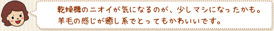 「乾燥機のニオイが気になるのが、少しマシになったかも。羊毛の感じが癒し系でとってもかわいいです。」