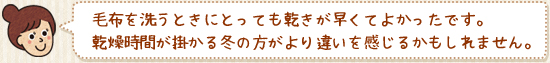 「毛布を洗うときにとっても乾きが早くてよかったです。乾燥時間が掛かる冬の方がより違いを感じるかもしれません。」