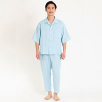 Liflance（リフランス） 綿麻ワッフルガーゼ半袖パジャマ メンズ（6分袖／8分丈） スカイブルー／XL