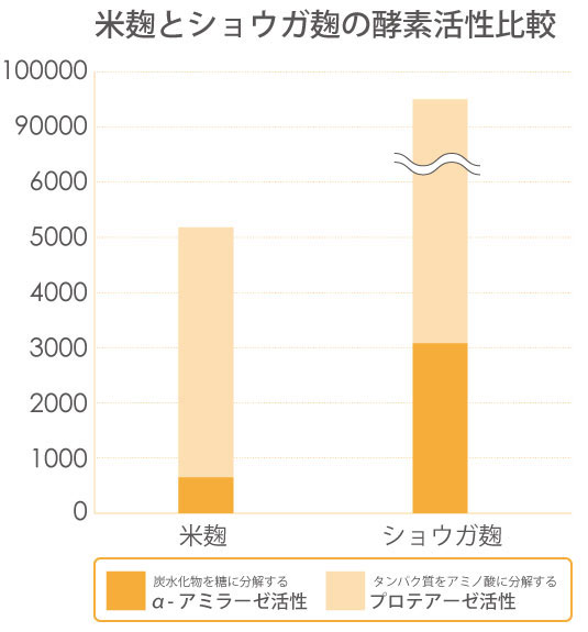米麹とショウガ麹の酵素活性比較のグラフ