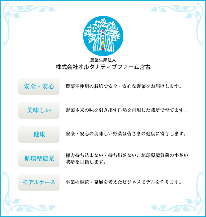 ●安全・安心・・・農薬不使用の栽培で安全・安心な野菜をお届けします。●美味しい・・・野菜本来の味を引き出す自然を再現した栽培で育てます。●健康・・・安全・安心の美味しい野菜は皆さまの健康に寄与します。●循環型農業・・・極力持ち込まない・持ち出さない、地球環境負荷の小さい栽培を目指します。●収量・収益・・・事業の継続・発展を考えたビジネスモデルを作っていきます。