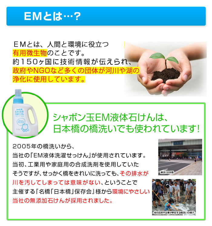 EMとは、人間と環境に役立つ有用微生物のことです。約150ヶ国に技術情報が伝えられ、政府やNGOなど多くの団体が河川や湖の浄化に使用しています。