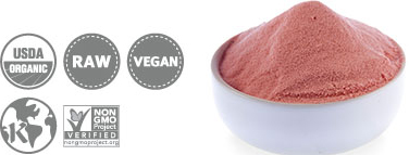 ローポメグラネートパウダー:USDA認定品、RAW認定品、VEGAN、Kosher、Non GMO Project Verified