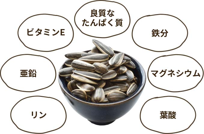 ひまわりの種 良質なたんぱく質
ビタミンE
鉄分
亜鉛
マグネシウム
リン
葉酸