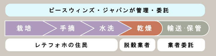 
栽培→ウェットミル（ここまで現地の方）→ドライミル（ディリの脱穀業者）→運送・保管（業者委託）以降ＰＷＪが管理・委託