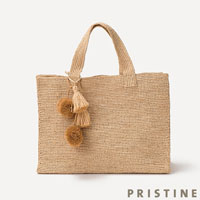 PRISTINE（プリスティン） ラフィアトートバッグ ボンボン付き ナチュラル