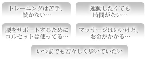 トレーニングは苦手、続かない…　運動したくても時間がない…　腰をサポートするためにコルセットは使ってる…　マッサージはいいけど、お金がかかる…　いつまでも若々しく歩いていたい