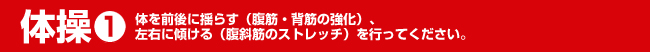 体操1　体を前後に揺らす（腹筋・背筋の強化）、左右に傾ける（腹斜筋のストレッチ）を行ってください。